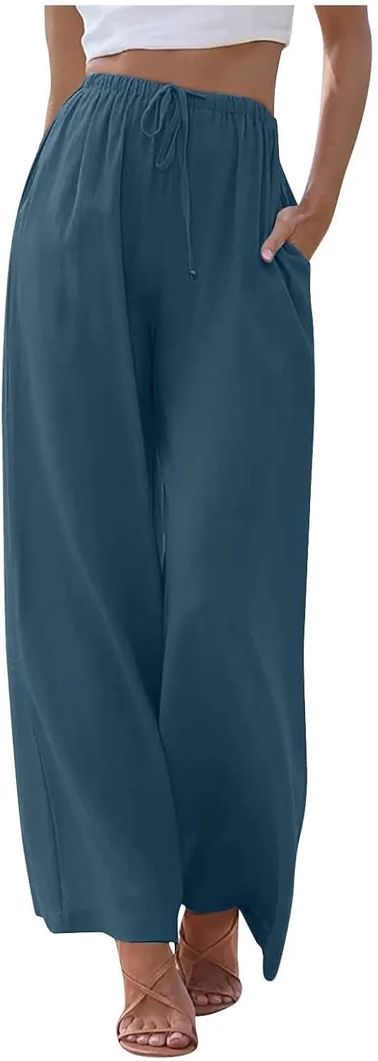 Wide Leg Linen Pants Women Summer Lightweight Elastic High Waisted Flowy Palazzo Pants Loose Fit Lounge Beach Pants