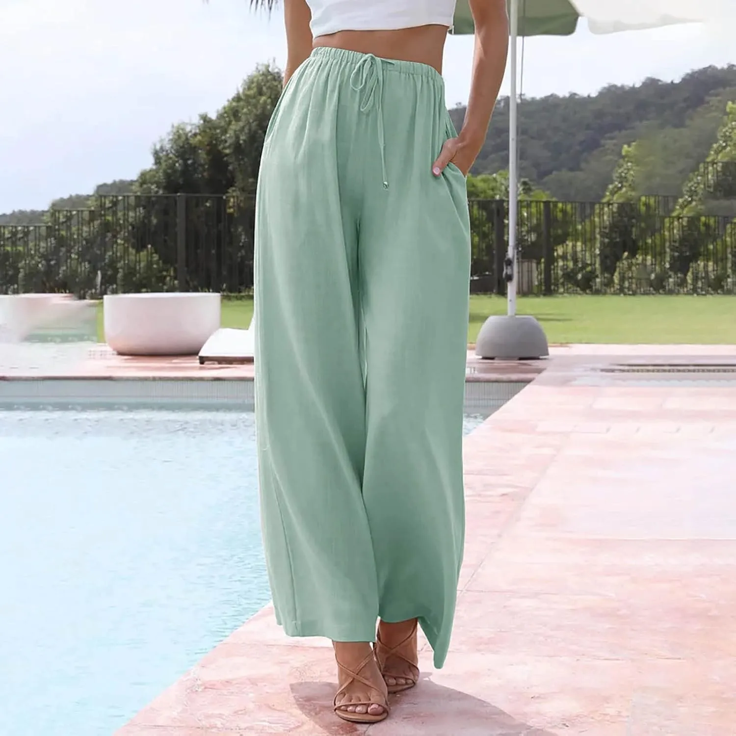 Wide Leg Lounge Pants for Women Long Summer Lightweight Linen Pants Elastic High Waisted Flowy Long Beach Pants