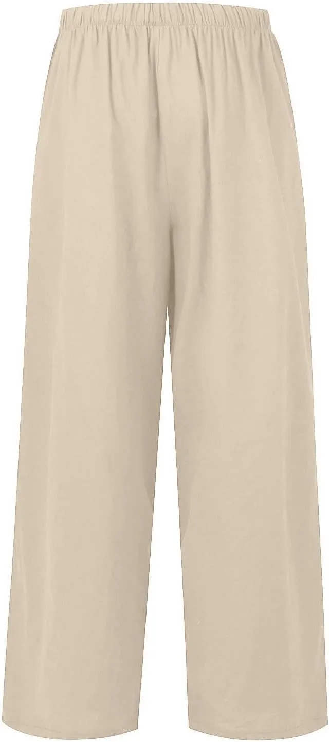 Wide Leg Lounge Pants for Women Long Summer Lightweight Linen Pants Elastic High Waisted Flowy Long Beach Pants