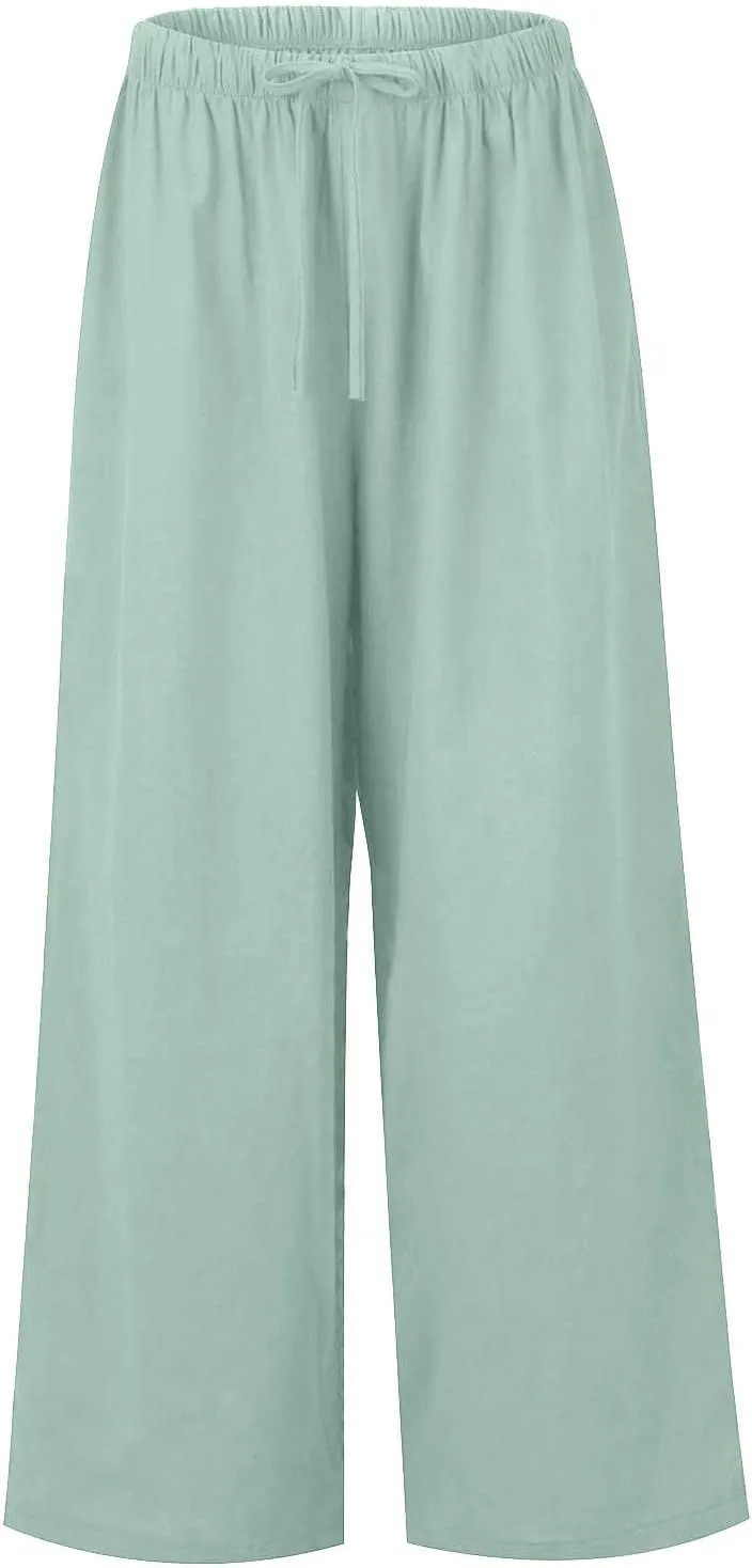 Wide Leg Lounge Pants for Women Long Summer Lightweight Linen Pants Elastic High Waisted Flowy Long Beach Pants