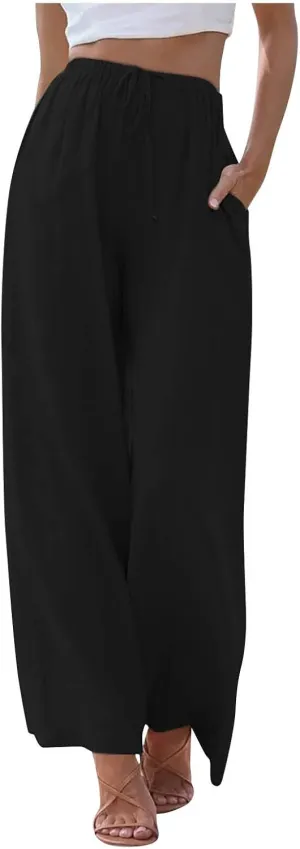 Wide Leg Lounge Pants for Women Long Summer Lightweight Linen Pants Elastic High Waisted Flowy Long Beach Pants