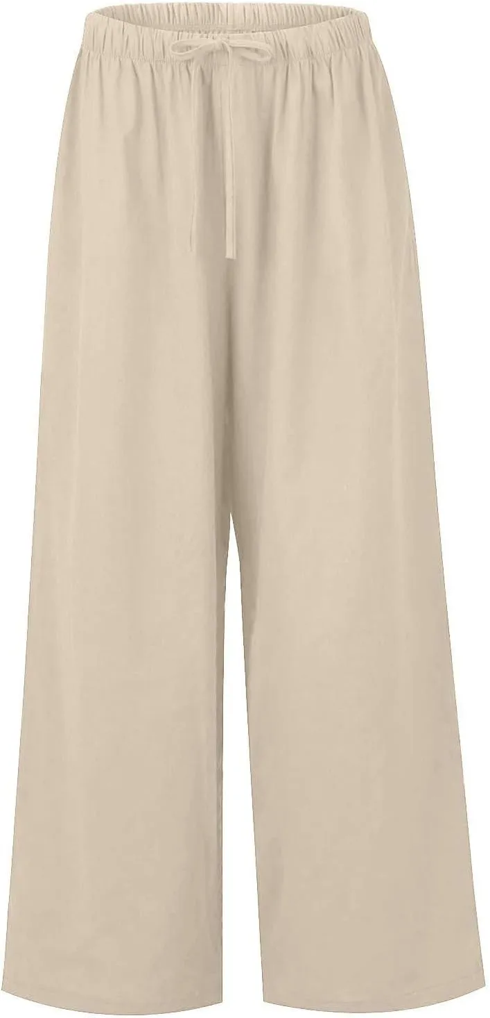 Wide Leg Lounge Pants for Women Long Summer Lightweight Linen Pants Elastic High Waisted Flowy Long Beach Pants