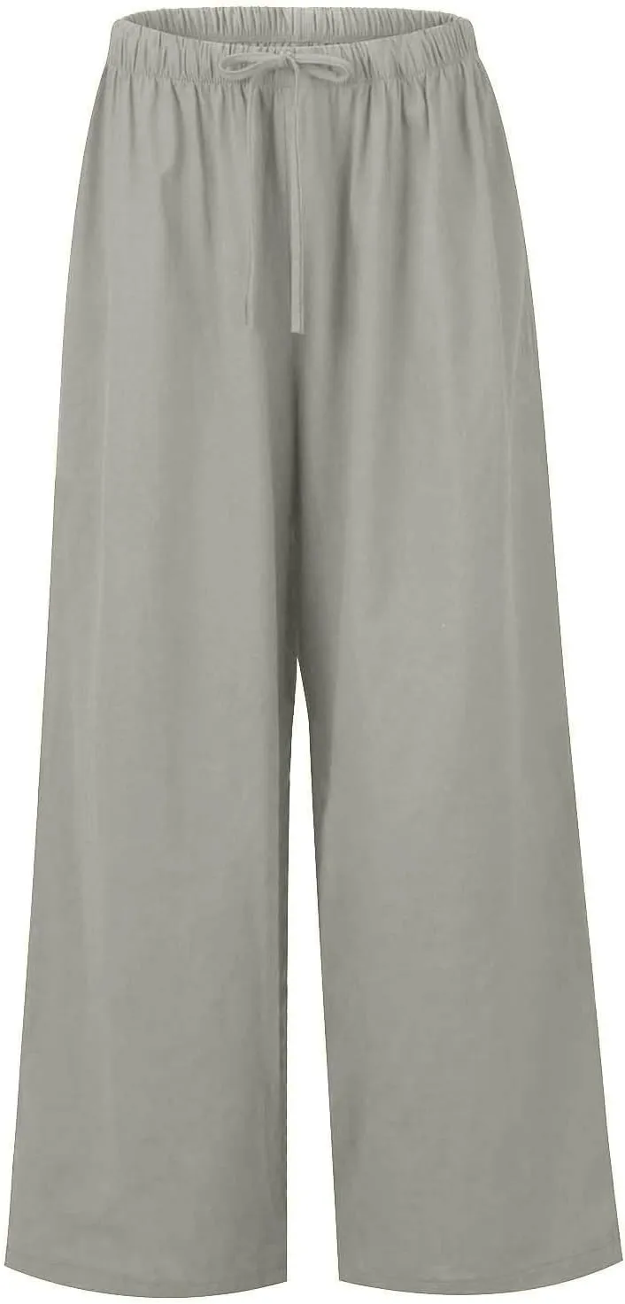Wide Leg Lounge Pants for Women Long Summer Lightweight Linen Pants Elastic High Waisted Flowy Long Beach Pants