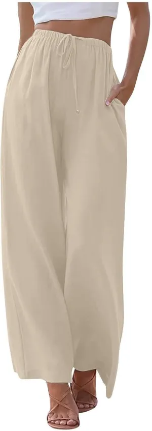 Wide Leg Lounge Pants for Women Long Summer Lightweight Linen Pants Elastic High Waisted Flowy Long Beach Pants