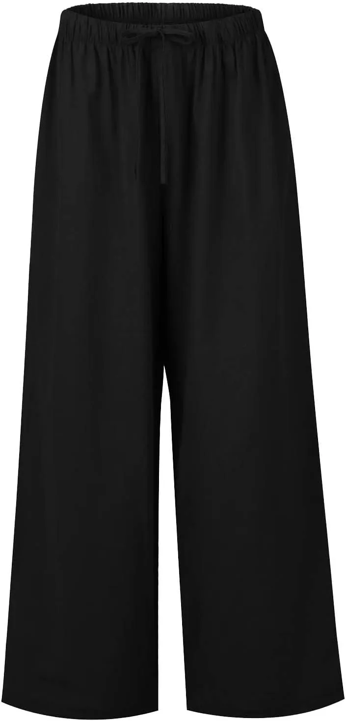 Wide Leg Lounge Pants for Women Long Summer Lightweight Linen Pants Elastic High Waisted Flowy Long Beach Pants