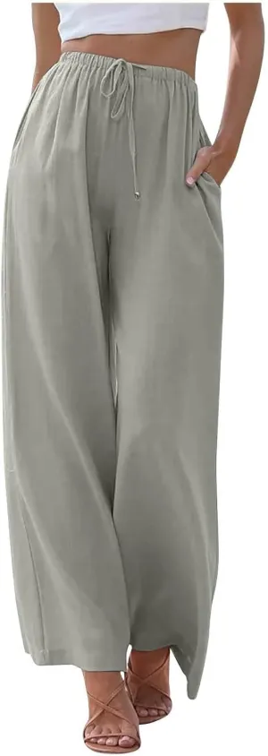 Wide Leg Lounge Pants for Women Long Summer Lightweight Linen Pants Elastic High Waisted Flowy Long Beach Pants