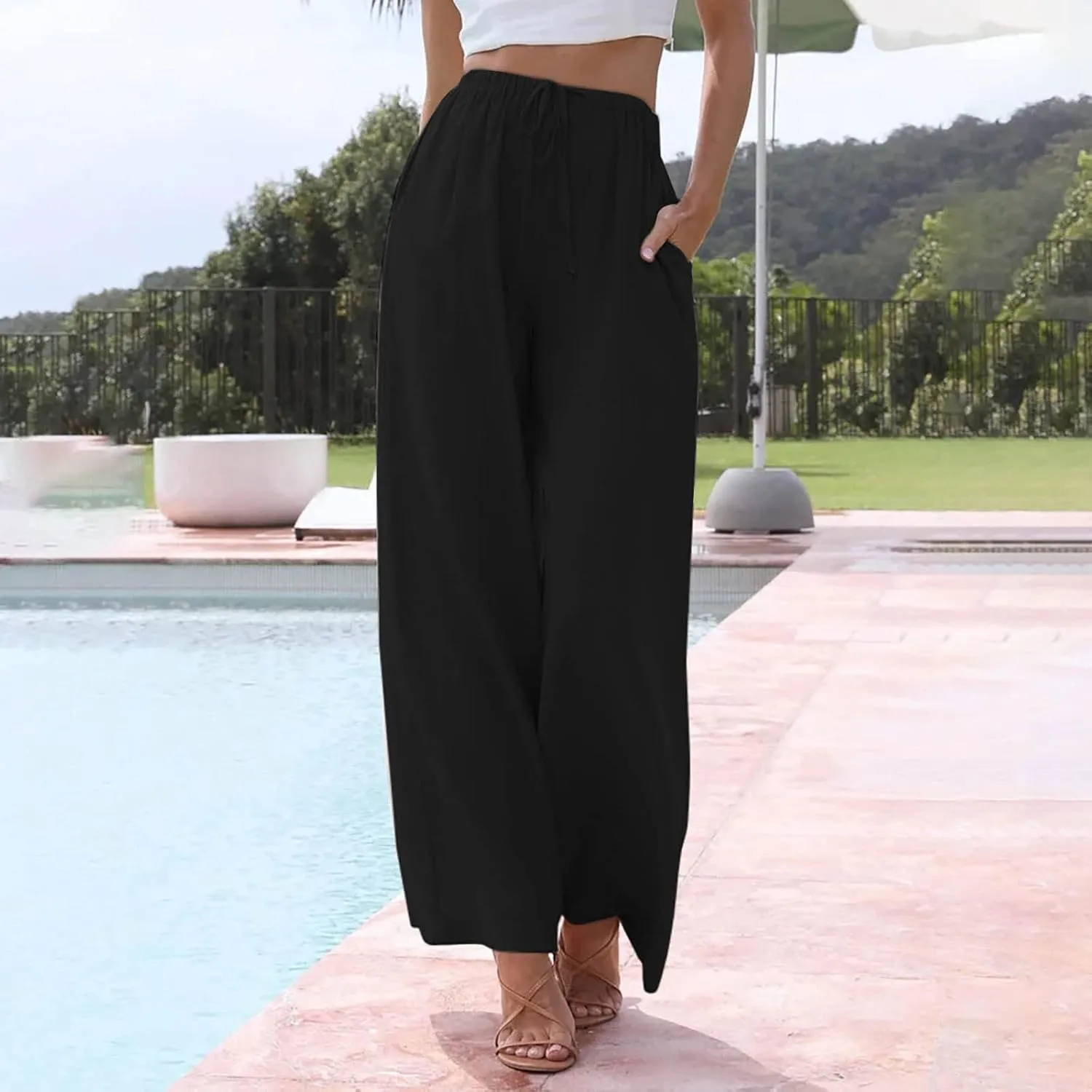 Wide Leg Lounge Pants for Women Long Summer Lightweight Linen Pants Elastic High Waisted Flowy Long Beach Pants