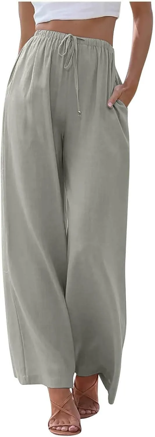 Wide Leg Lounge Pants for Women Long Summer Lightweight Linen Pants Elastic High Waisted Flowy Long Beach Pants