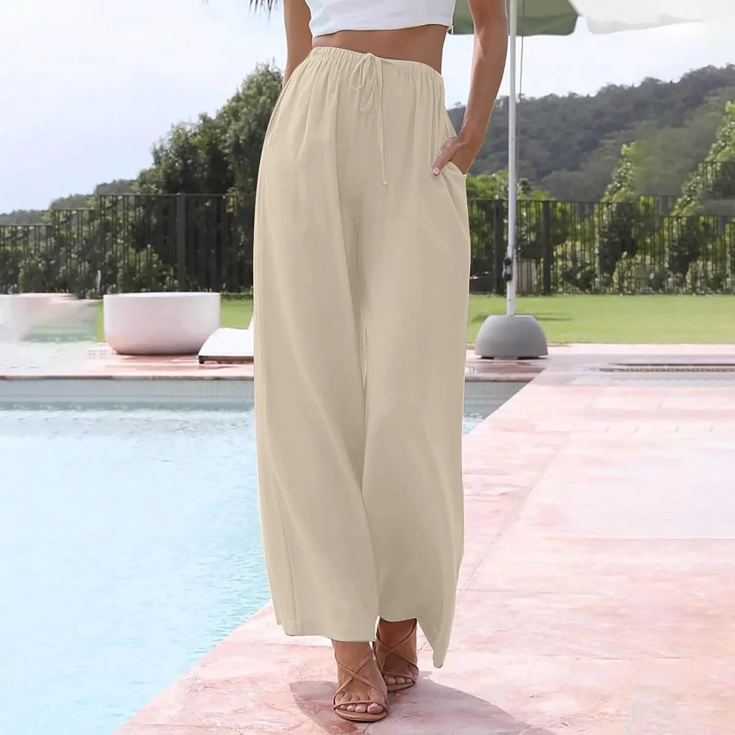 Wide Leg Lounge Pants for Women Long Summer Lightweight Linen Pants Elastic High Waisted Flowy Long Beach Pants