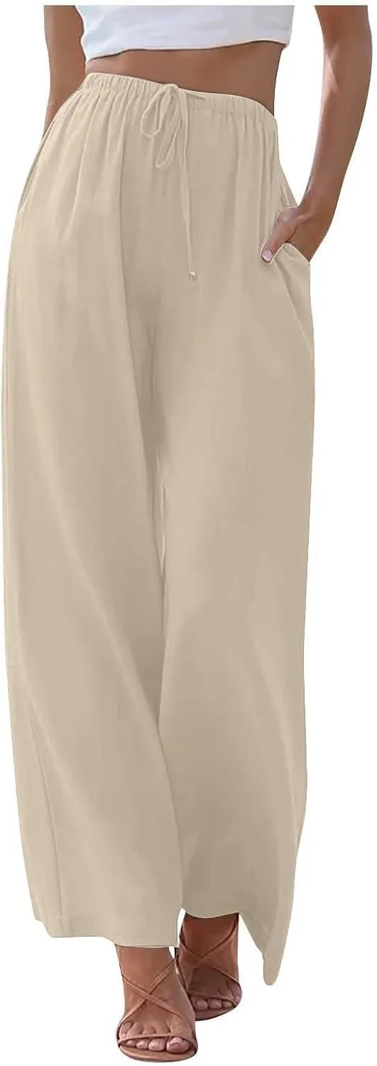 Wide Leg Lounge Pants for Women Long Summer Lightweight Linen Pants Elastic High Waisted Flowy Long Beach Pants