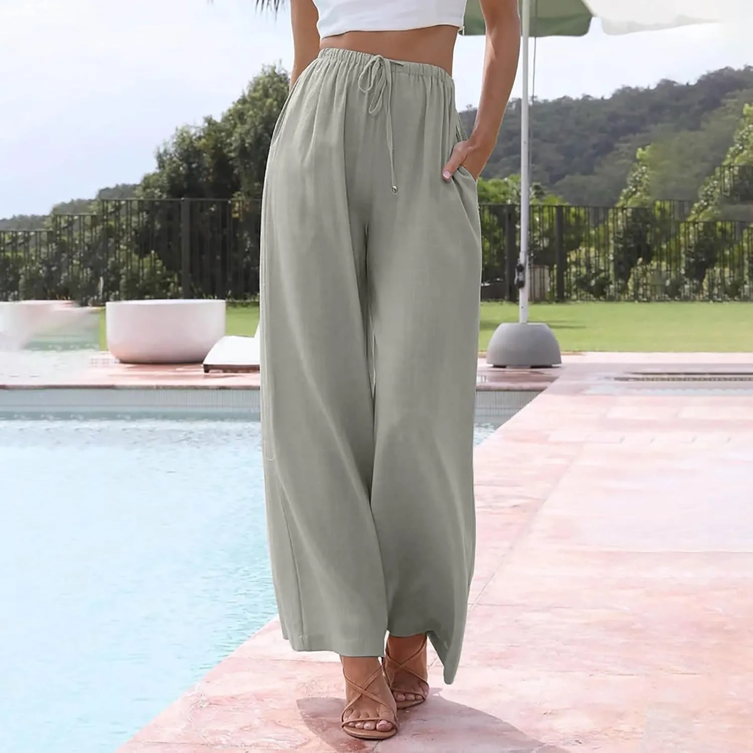 Wide Leg Lounge Pants for Women Long Summer Lightweight Linen Pants Elastic High Waisted Flowy Long Beach Pants