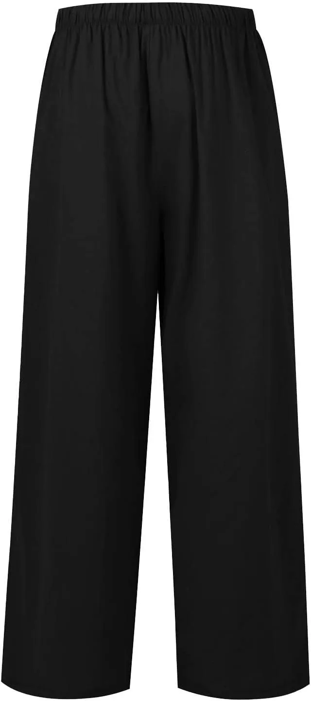 Wide Leg Lounge Pants for Women Long Summer Lightweight Linen Pants Elastic High Waisted Flowy Long Beach Pants