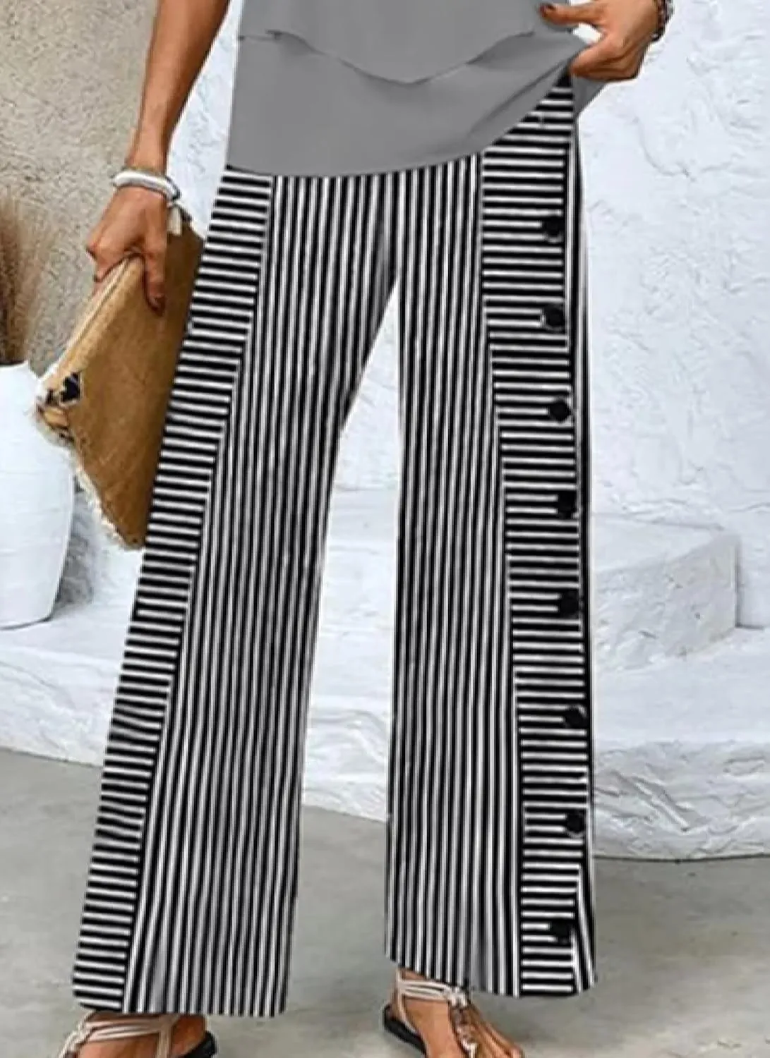 Wide Leg Pants for Women Striped Print Mid Waisted Palazzo Lounge Pants Work Casual Flowy Button Trim Beach Trousers