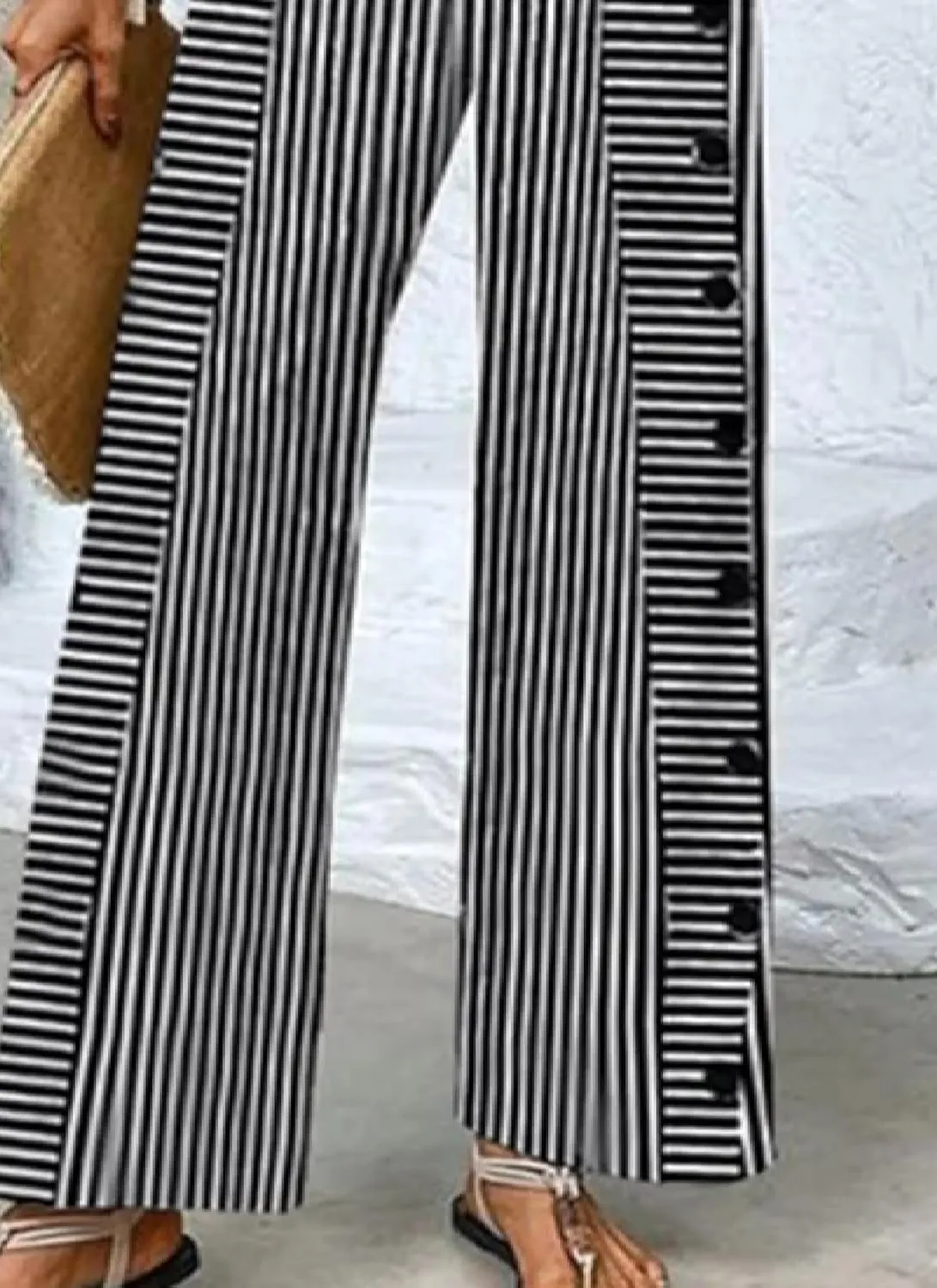 Wide Leg Pants for Women Striped Print Mid Waisted Palazzo Lounge Pants Work Casual Flowy Button Trim Beach Trousers