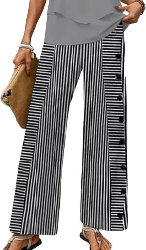 Wide Leg Pants for Women Striped Print Mid Waisted Palazzo Lounge Pants Work Casual Flowy Button Trim Beach Trousers