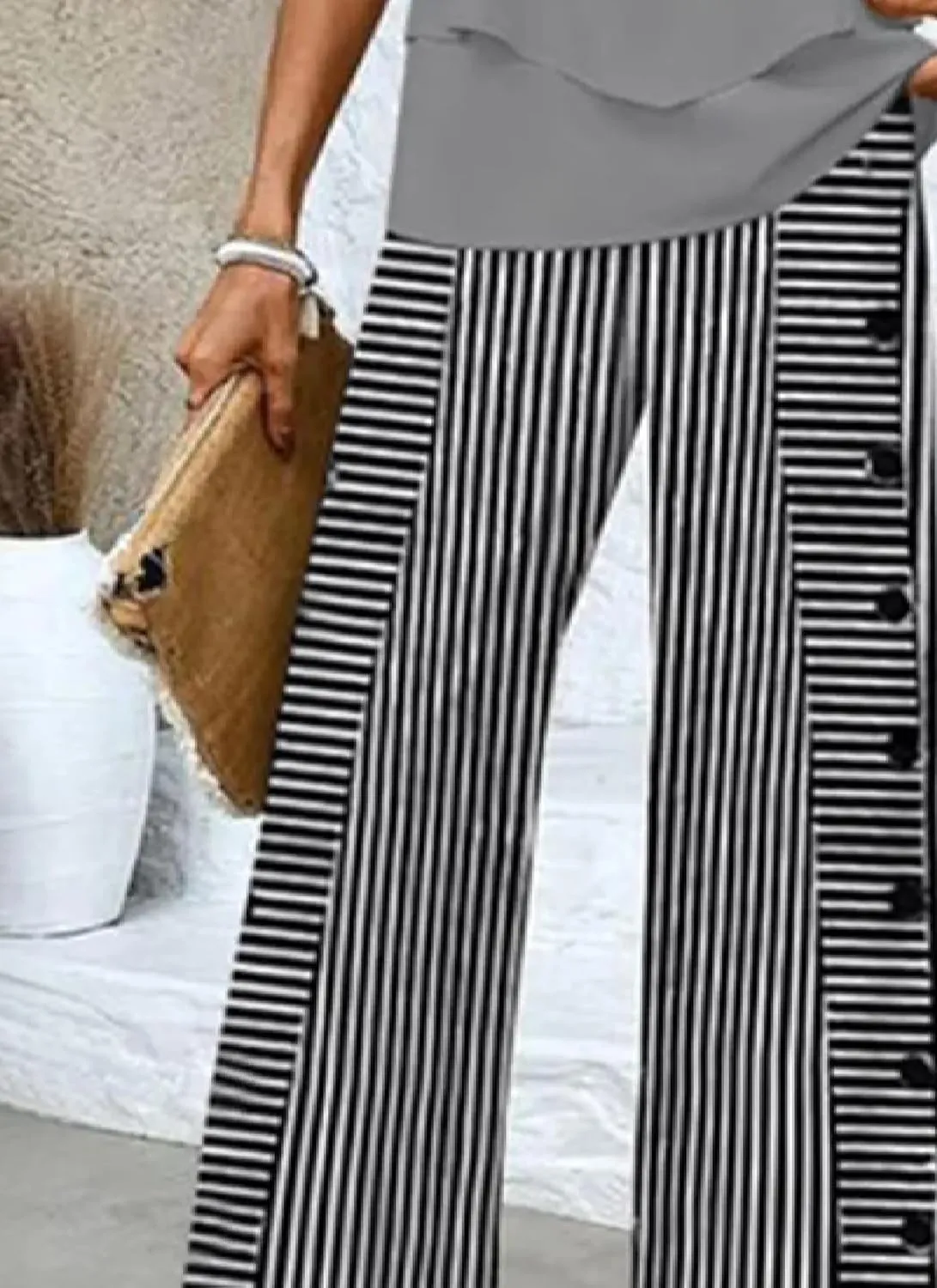 Wide Leg Pants for Women Striped Print Mid Waisted Palazzo Lounge Pants Work Casual Flowy Button Trim Beach Trousers
