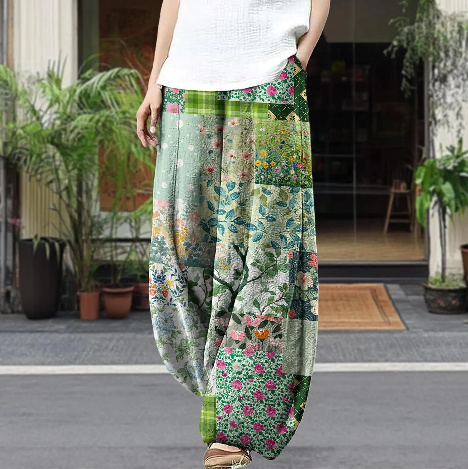 Wide Leg Patchwork Pants for Women Dressy Casual Palazzo Pants Plus Size Elastic Waist Lantern Harem Pants