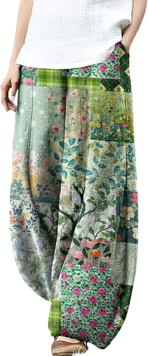 Wide Leg Patchwork Pants for Women Dressy Casual Palazzo Pants Plus Size Elastic Waist Lantern Harem Pants