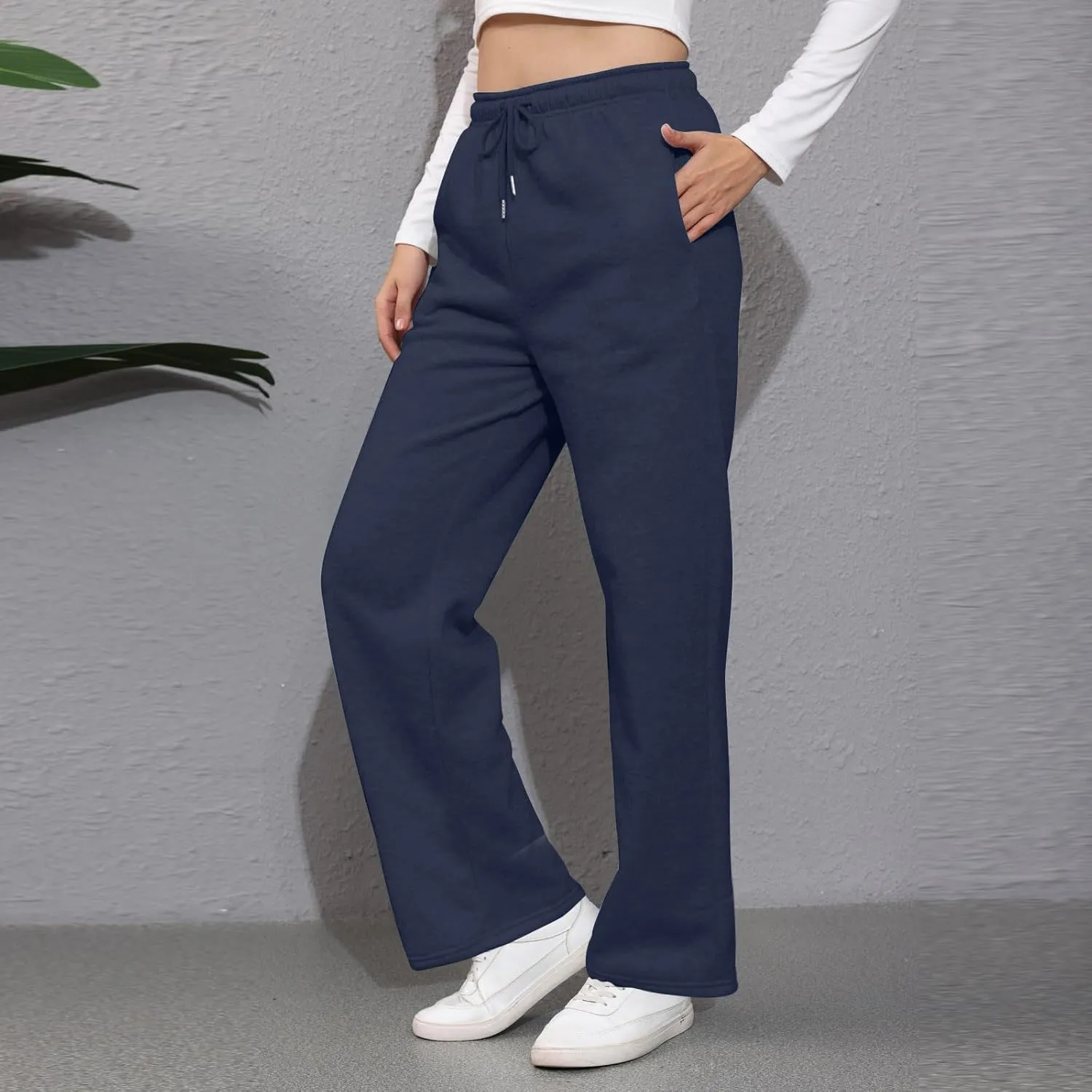 Wide Leg Sweat Pants for Womens High Waisted Fleece Sweatpants with Pockets Y2k Baggy Comfy Athletic Jogger Pants