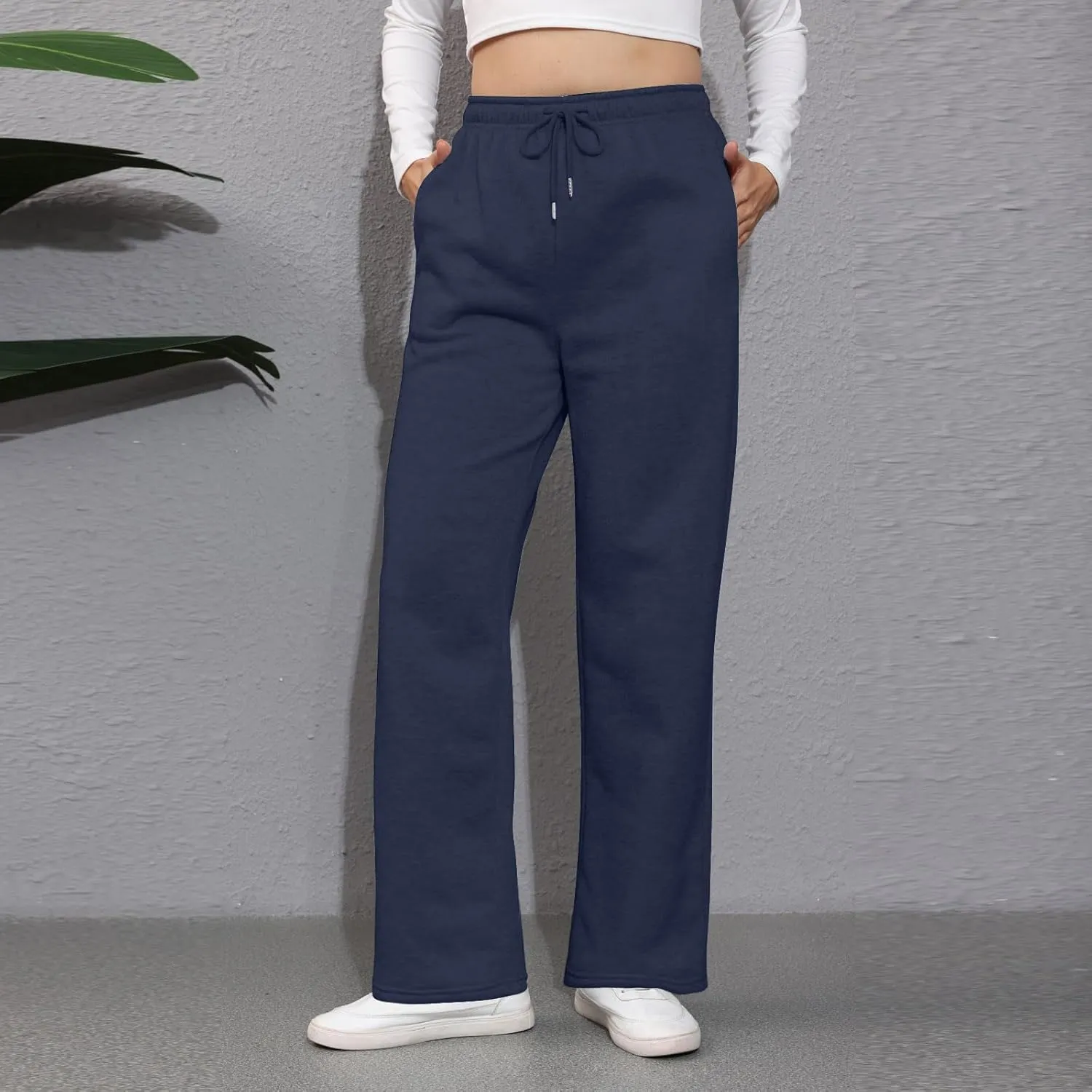 Wide Leg Sweat Pants for Womens High Waisted Fleece Sweatpants with Pockets Y2k Baggy Comfy Athletic Jogger Pants