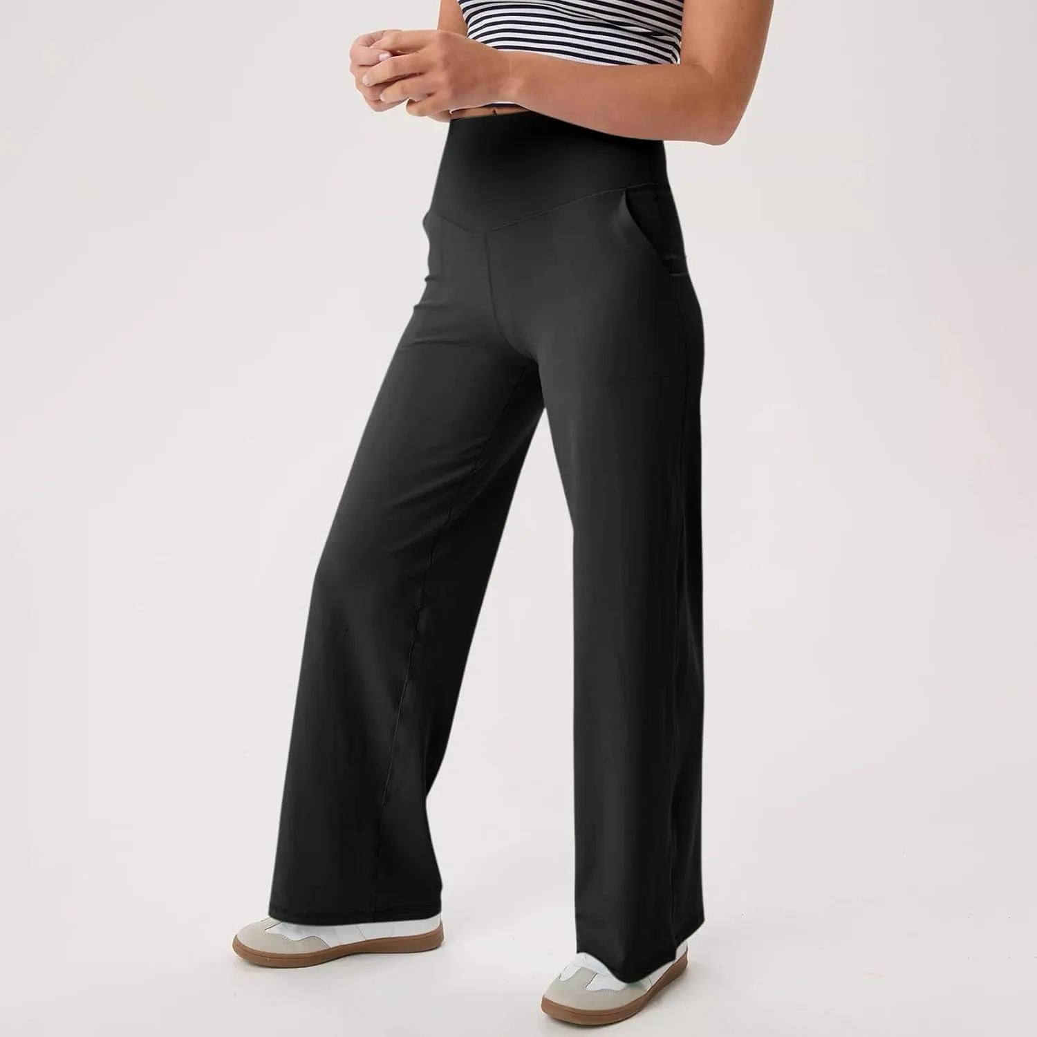 Wide Leg Yoga Pants for Women Summer Stretch High Waist Straight Leg Dress Pants Tummy Control Flare Leggings with Pockets