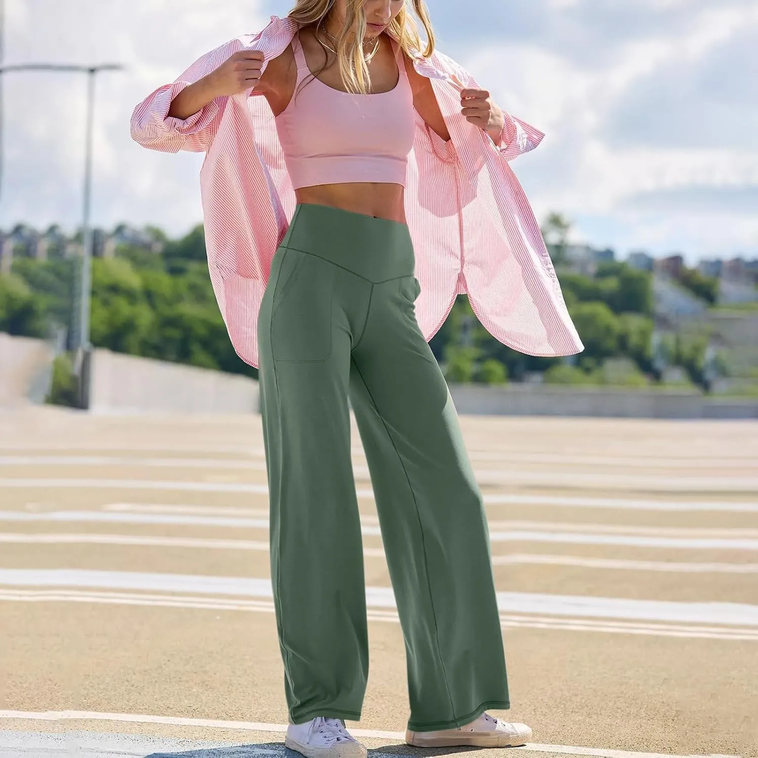 Wide Leg Yoga Pants for Women Summer Stretch High Waist Straight Leg Dress Pants Tummy Control Flare Leggings with Pockets