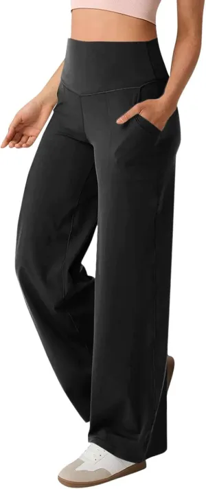 Wide Leg Yoga Pants for Women Summer Stretch High Waist Straight Leg Dress Pants Tummy Control Flare Leggings with Pockets
