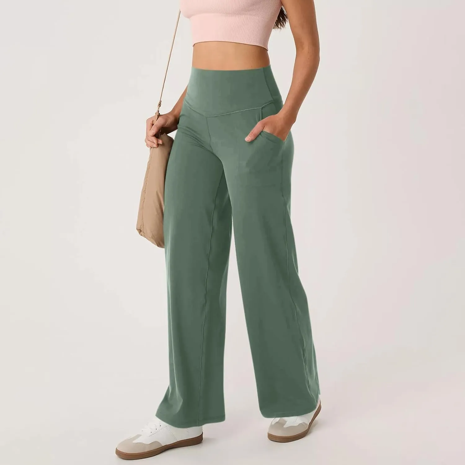 Wide Leg Yoga Pants for Women Summer Stretch High Waist Straight Leg Dress Pants Tummy Control Flare Leggings with Pockets