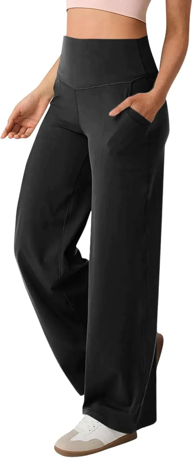 Wide Leg Yoga Pants for Women Summer Stretch High Waist Straight Leg Dress Pants Tummy Control Flare Leggings with Pockets