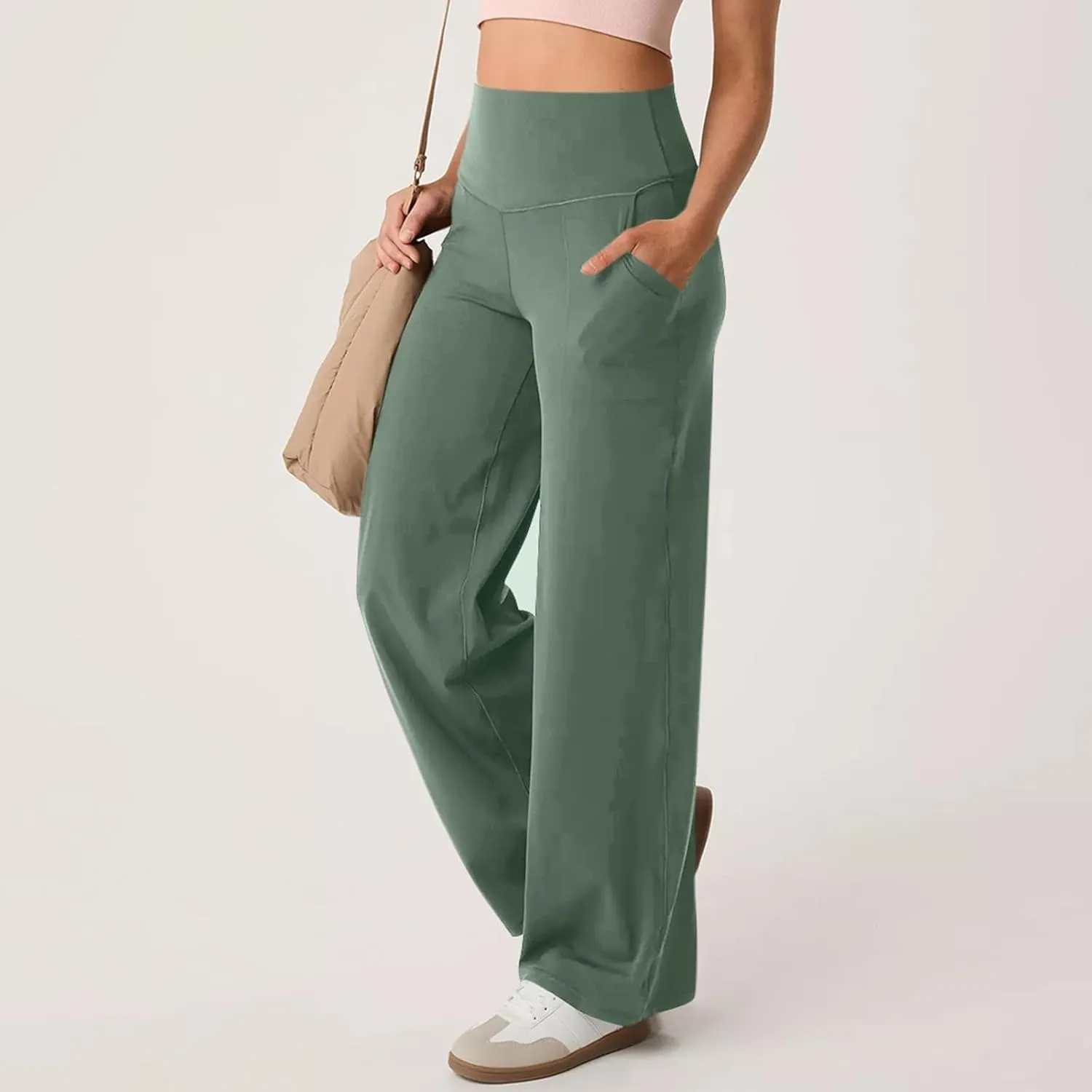 Wide Leg Yoga Pants for Women Summer Stretch High Waist Straight Leg Dress Pants Tummy Control Flare Leggings with Pockets
