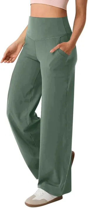 Wide Leg Yoga Pants for Women Summer Stretch High Waist Straight Leg Dress Pants Tummy Control Flare Leggings with Pockets