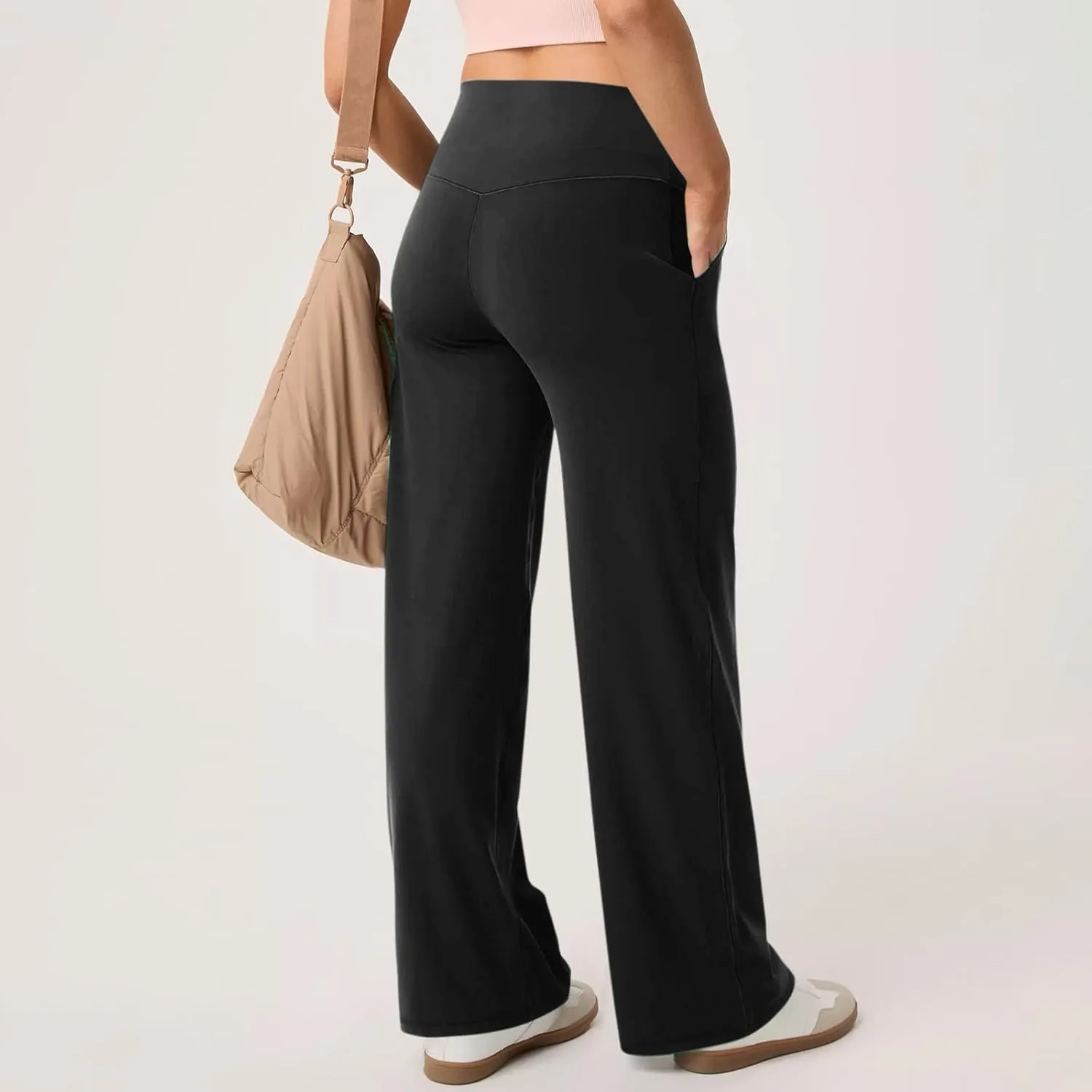 Wide Leg Yoga Pants for Women Summer Stretch High Waist Straight Leg Dress Pants Tummy Control Flare Leggings with Pockets