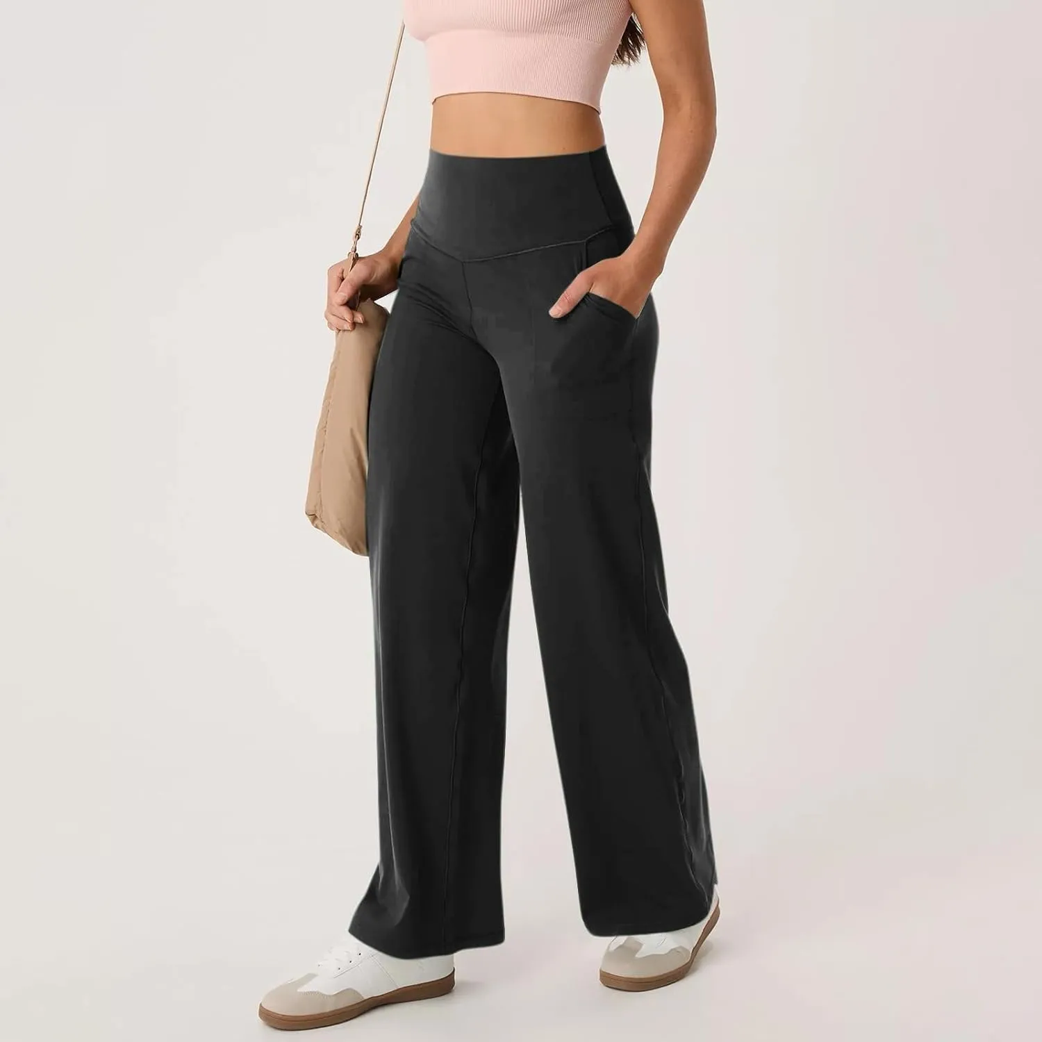 Wide Leg Yoga Pants for Women Summer Stretch High Waist Straight Leg Dress Pants Tummy Control Flare Leggings with Pockets