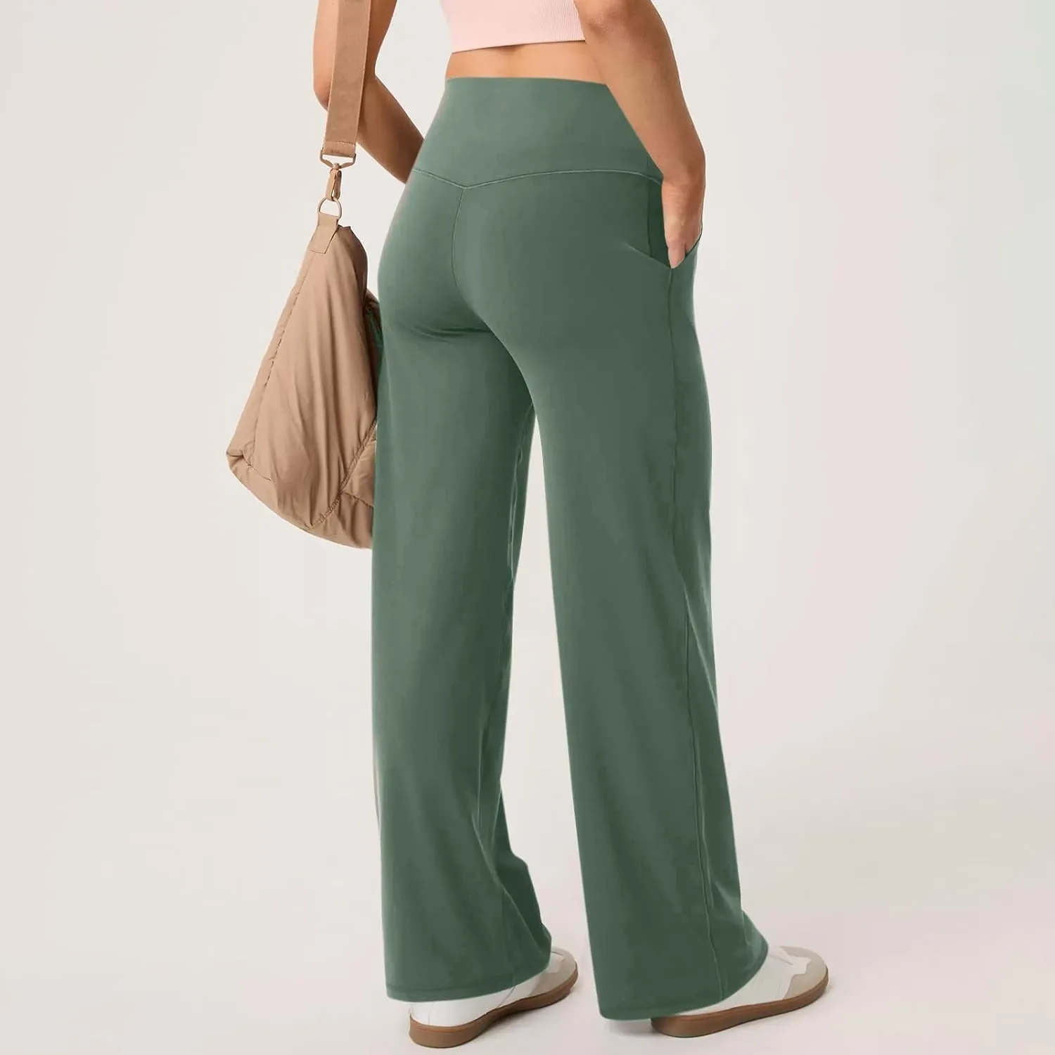 Wide Leg Yoga Pants for Women Summer Stretch High Waist Straight Leg Dress Pants Tummy Control Flare Leggings with Pockets