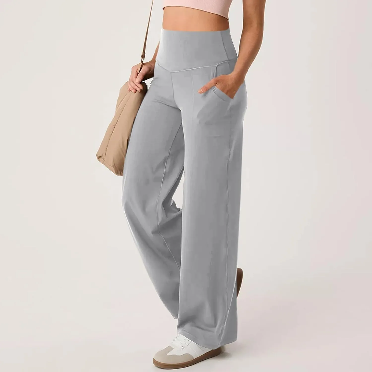 Wide Leg Yoga Pants for Women Summer Stretch High Waist Straight Leg Dress Pants Tummy Control Flare Leggings with Pockets