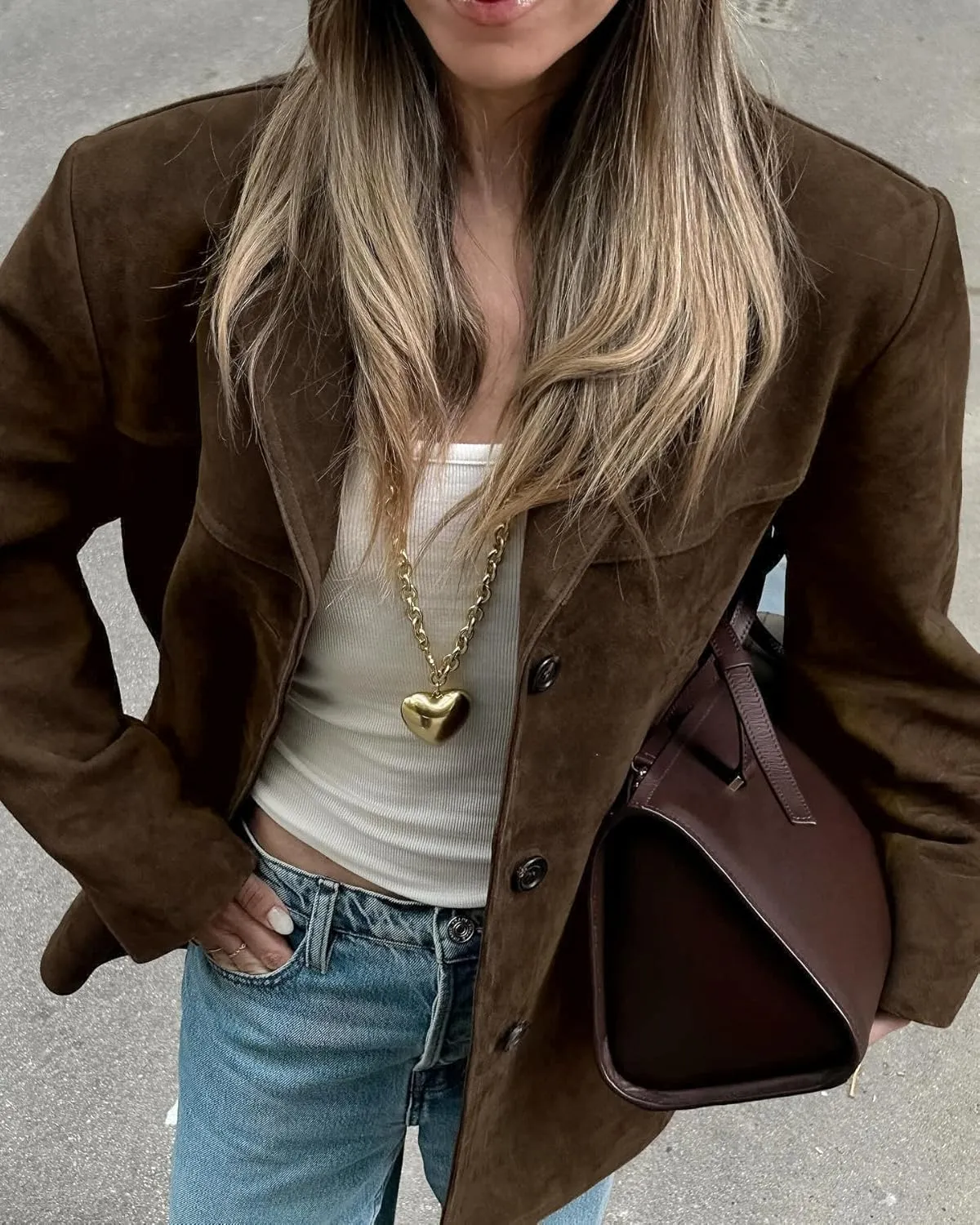 Woman Chic Brown Lapel Suede Jacket Aesthetic Y2k Pocket Long Sleeve Faux Leather Jacket Coat Outwear Streetwear