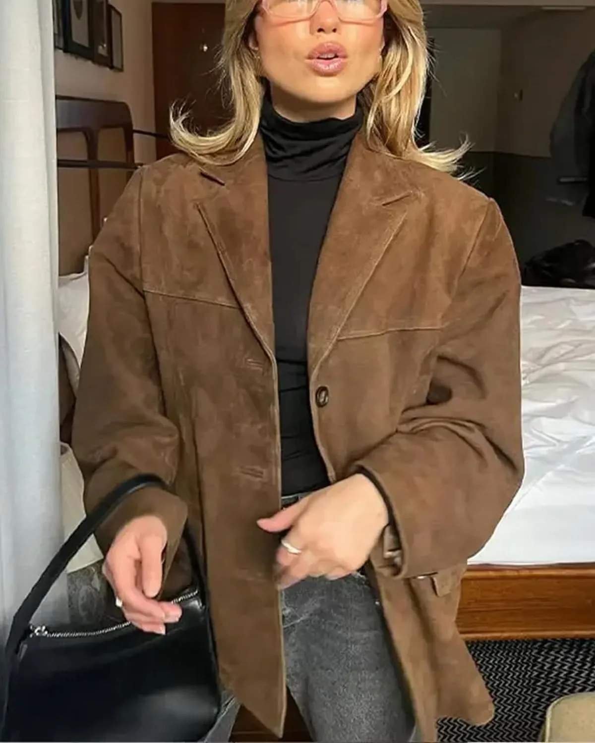Woman Chic Brown Lapel Suede Jacket Aesthetic Y2k Pocket Long Sleeve Faux Leather Jacket Coat Outwear Streetwear