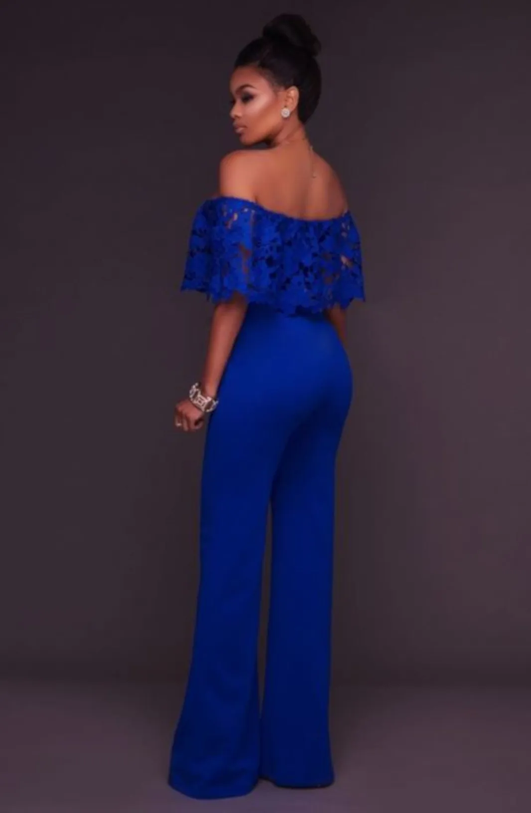Women Blue Lace Ruffles Off Shoulder BusinessSuit Jumpsuit
