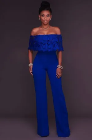 Women Blue Lace Ruffles Off Shoulder BusinessSuit Jumpsuit