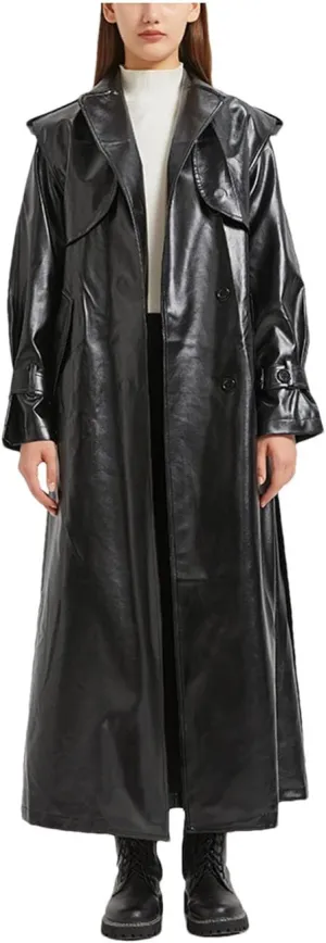 Women Extra Long Gold Shiny Patent Pu Leather Trench Coat Single Breasted Overcoat