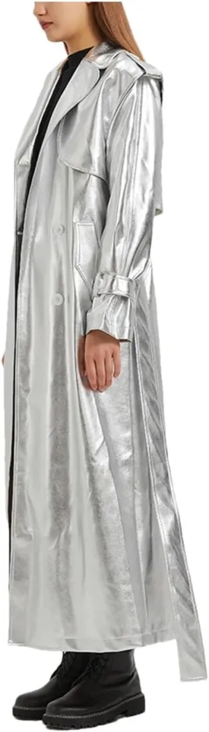 Women Extra Long Gold Shiny Patent Pu Leather Trench Coat Single Breasted Overcoat