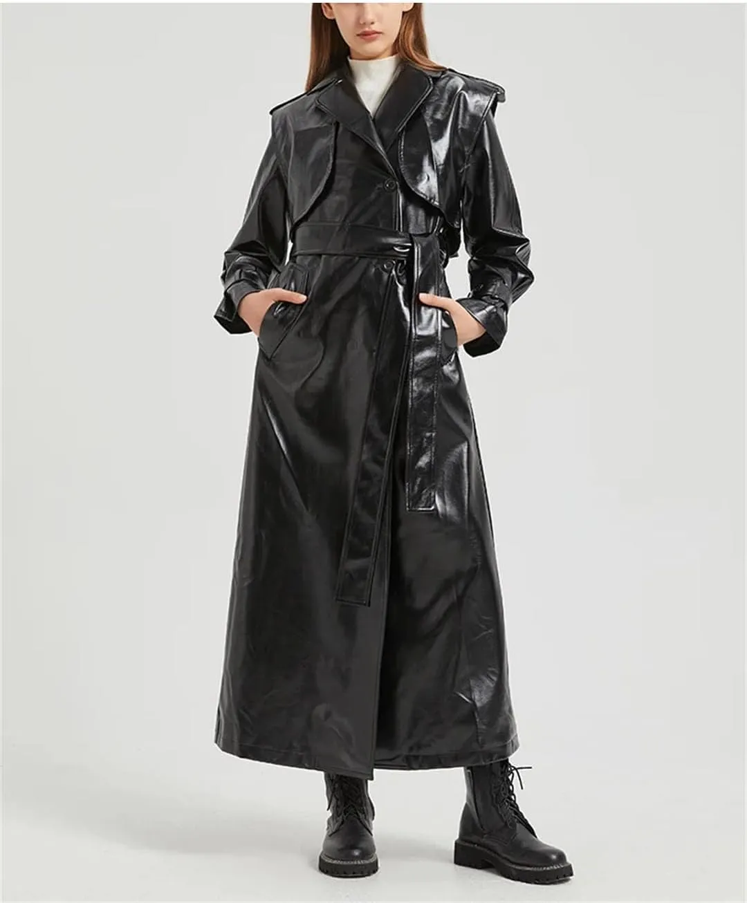 Women Extra Long Gold Shiny Patent Pu Leather Trench Coat Single Breasted Overcoat