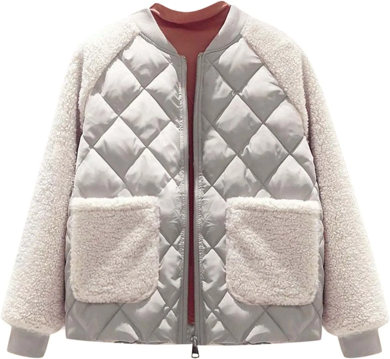 Women Fashion Coat Fleece Faux Splicing Outerwear Cotton-Padded Jackets Pocket Suede Long Spring Womens Jacket