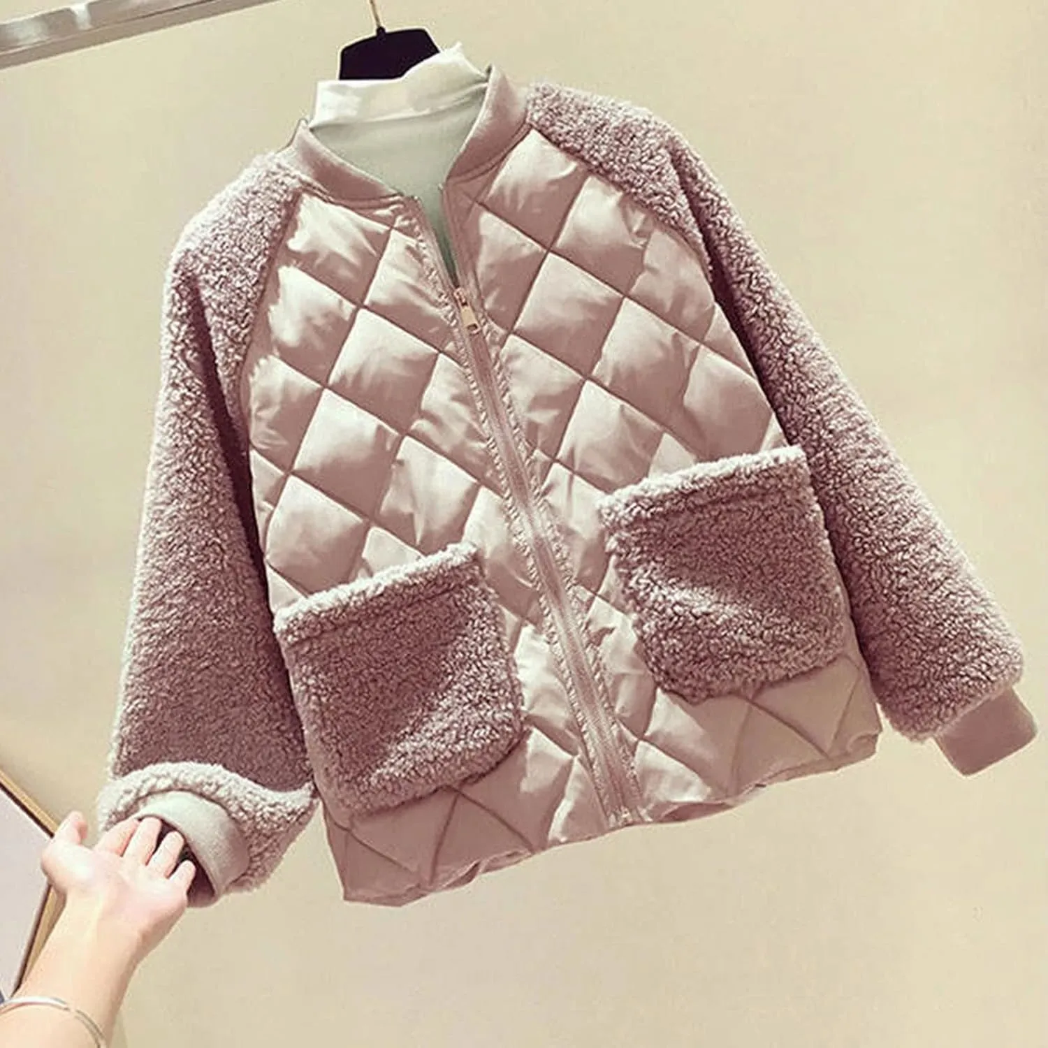 Women Fashion Coat Fleece Faux Splicing Outerwear Cotton-Padded Jackets Pocket Suede Long Spring Womens Jacket