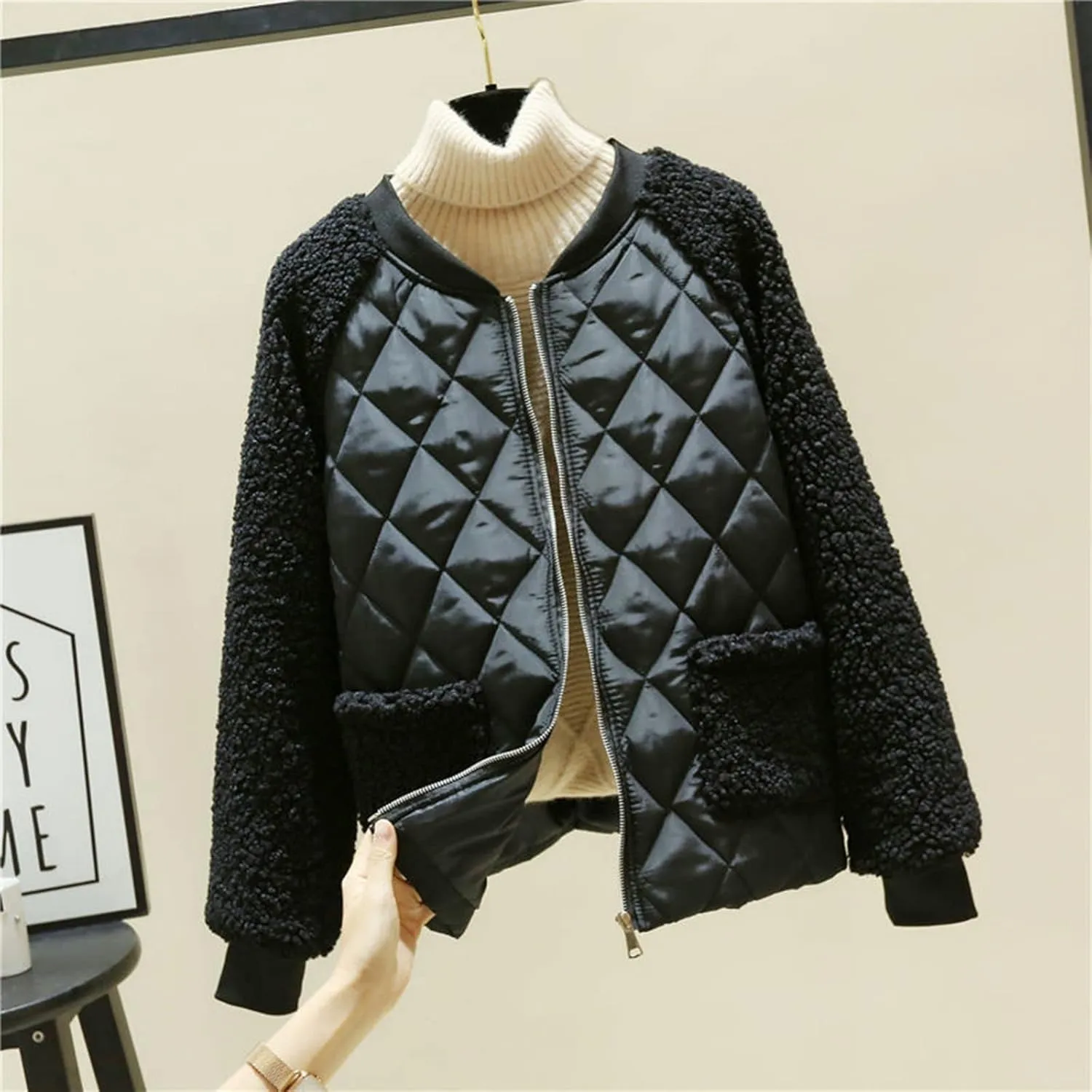 Women Fashion Coat Fleece Faux Splicing Outerwear Cotton-Padded Jackets Pocket Suede Long Spring Womens Jacket