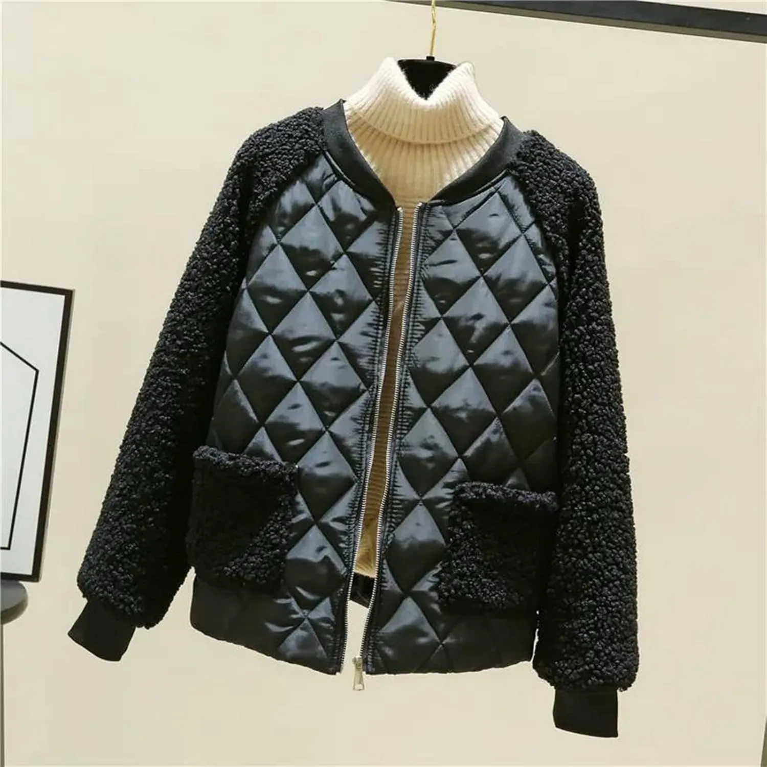 Women Fashion Coat Fleece Faux Splicing Outerwear Cotton-Padded Jackets Pocket Suede Long Spring Womens Jacket