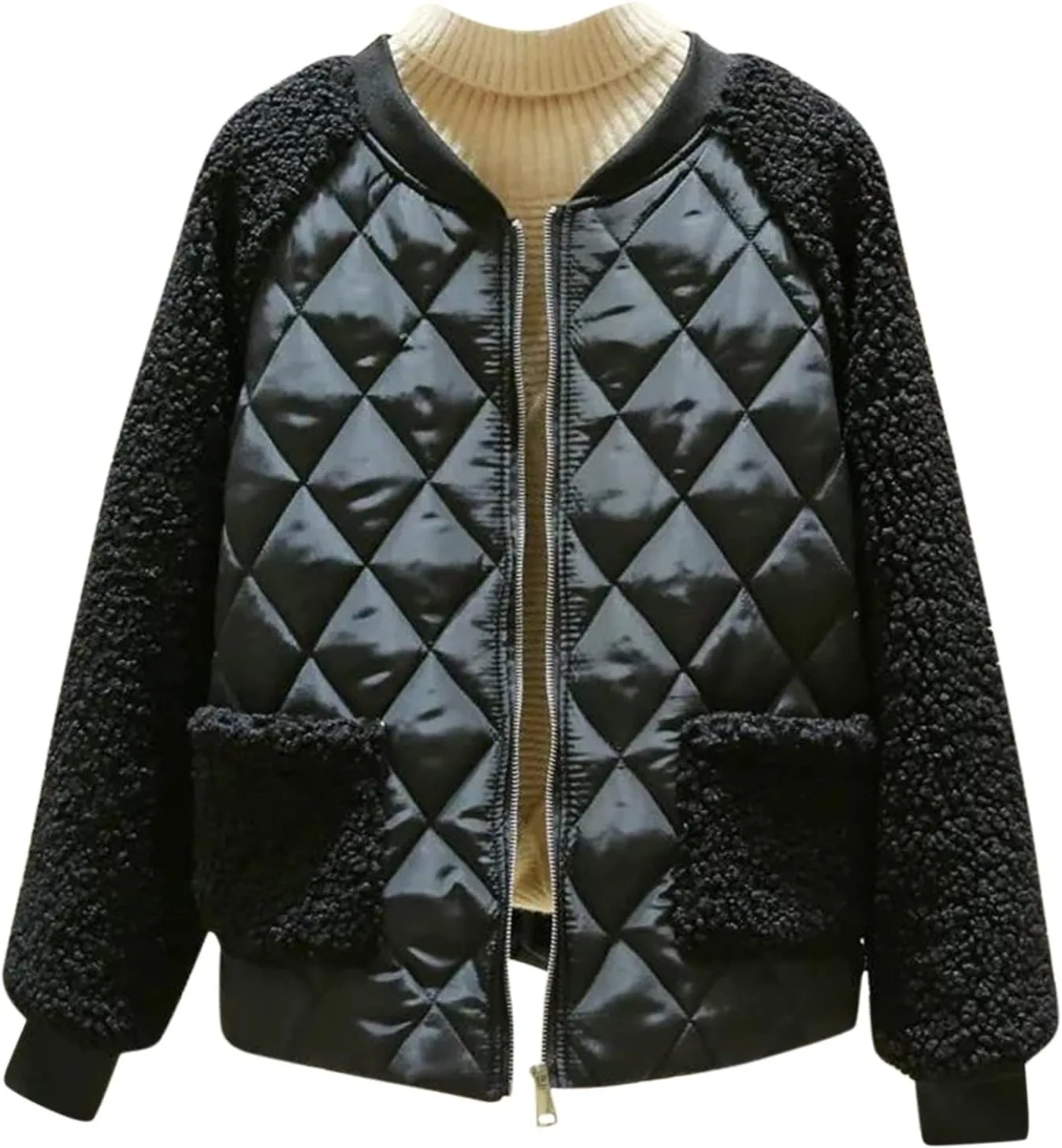 Women Fashion Coat Fleece Faux Splicing Outerwear Cotton-Padded Jackets Pocket Suede Long Spring Womens Jacket