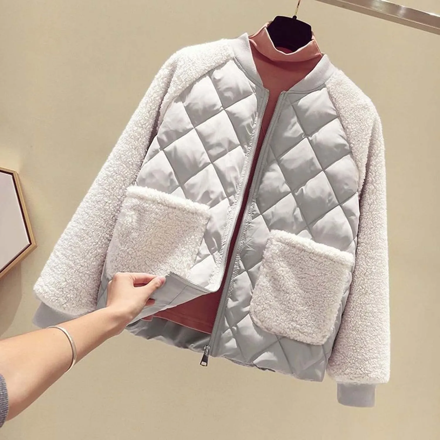 Women Fashion Coat Fleece Faux Splicing Outerwear Cotton-Padded Jackets Pocket Suede Long Spring Womens Jacket