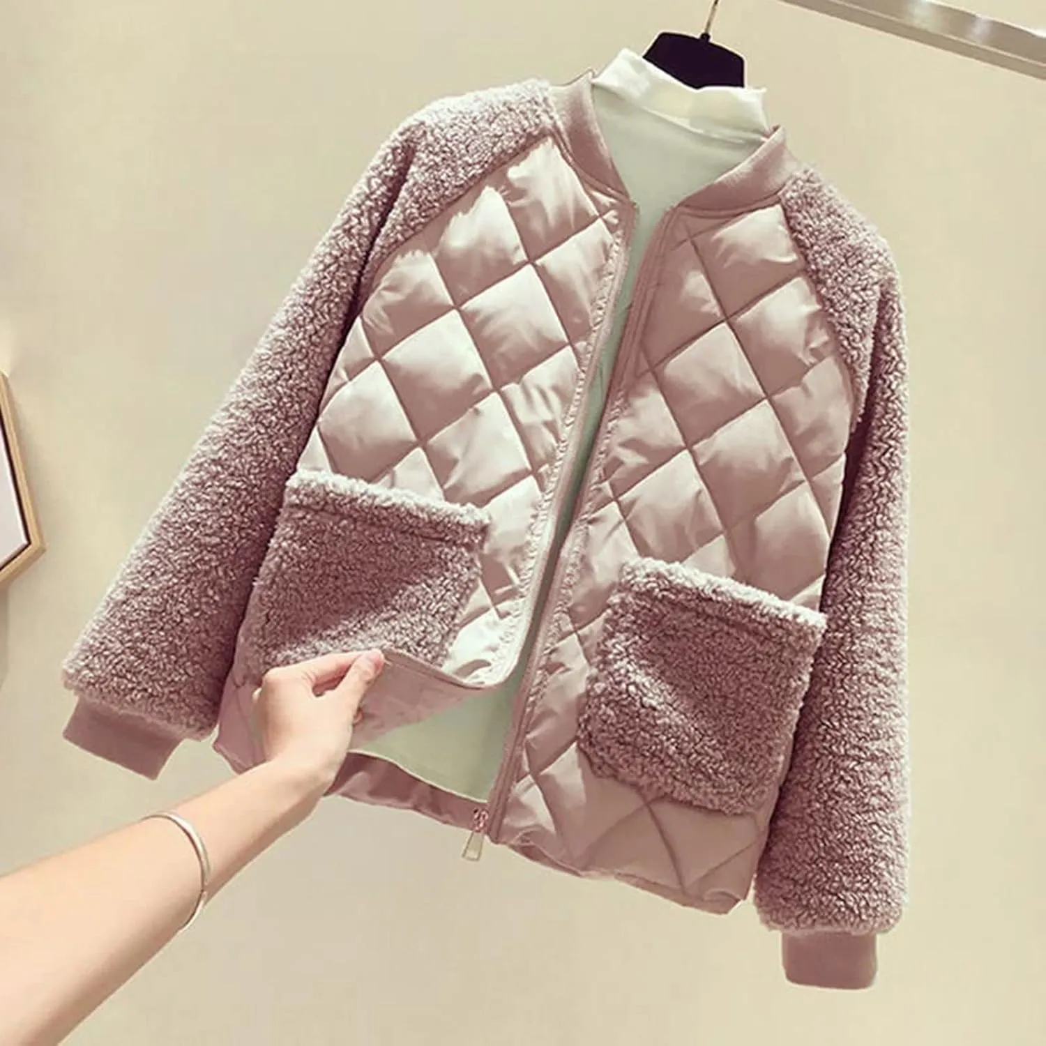 Women Fashion Coat Fleece Faux Splicing Outerwear Cotton-Padded Jackets Pocket Suede Long Spring Womens Jacket