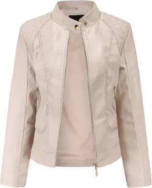 Women Faux Leather Jacket Spring Black Long Sleeve Moto Biker Zipper Short Coat